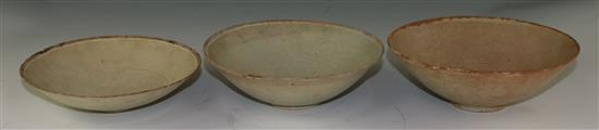 Three Qingbai (Ying qing) bowls, Song dynasty, 18 to 19cm, crazing and staining